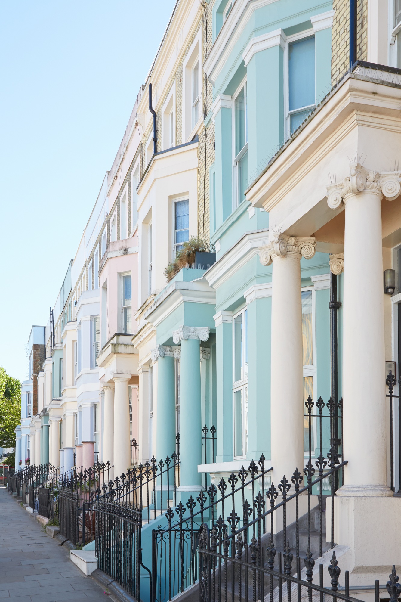 Pastel color luxury houses facades in London